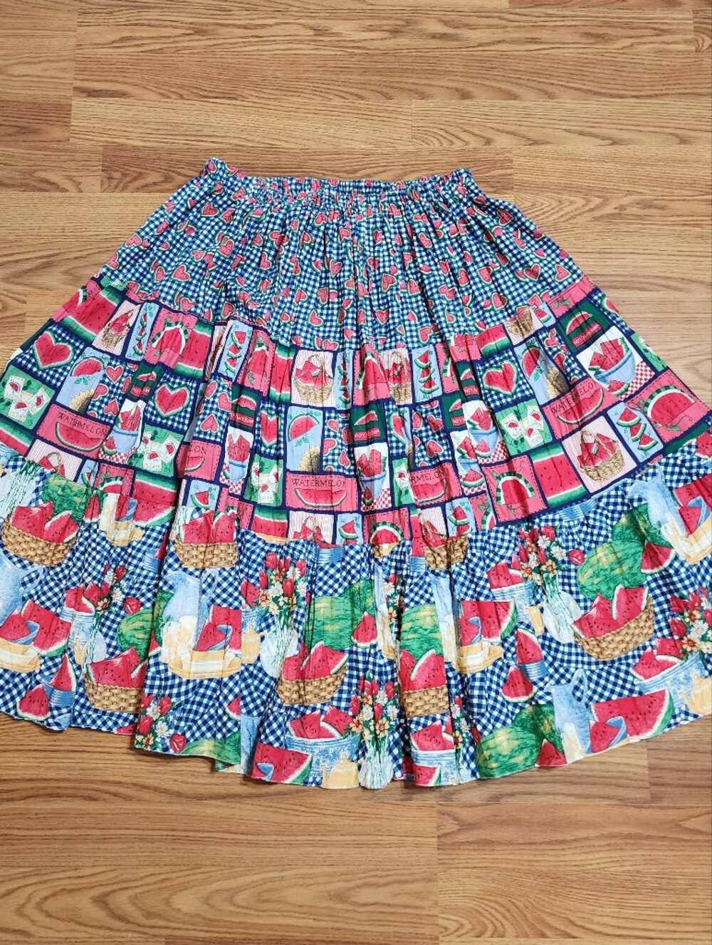 VTG 90s Handmade Watermelon Skirt Womens Tiered Full Elastic Waist Cottagecore